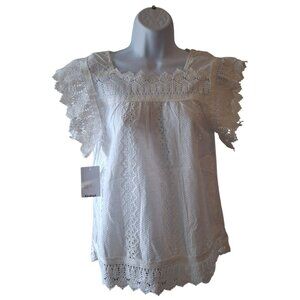Kindred Womens Lace Blouse M White Short Sleeve Eyelet Scalloped Edge Fairycore